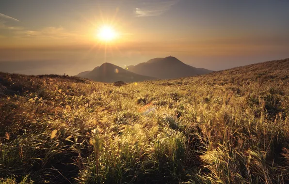 Picture the sky, grass, the sun, mountains, hills, landscapes, China, view