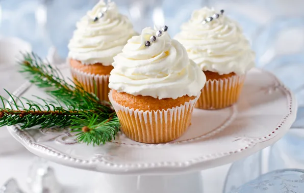 Holiday, New year, decoration, cream, dessert, cupcakes, cupcakes, cupcakes