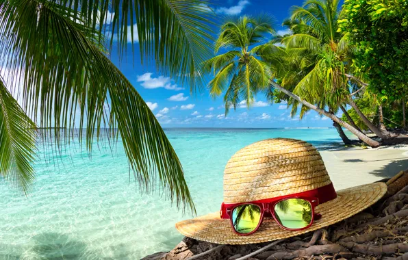 Sand, sea, beach, summer, hat, glasses, summer, beach
