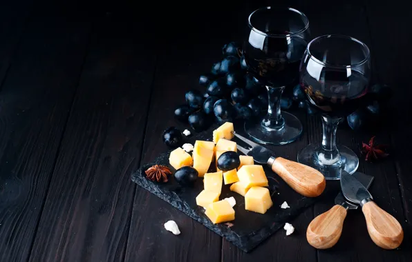 Wine, cheese, glasses, grapes