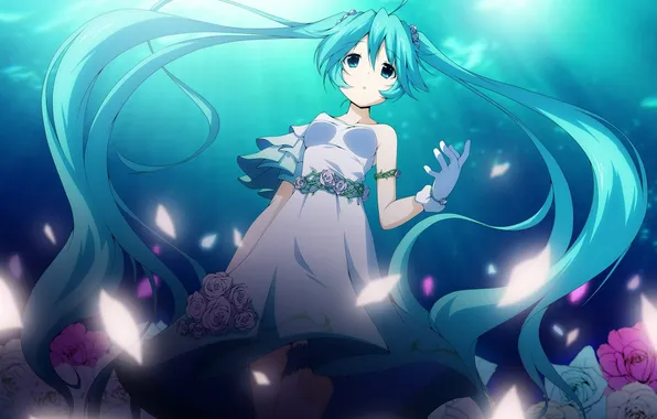 Picture girl, flowers, petals, art, vocaloid, hatsune miku, Vocaloid, garter