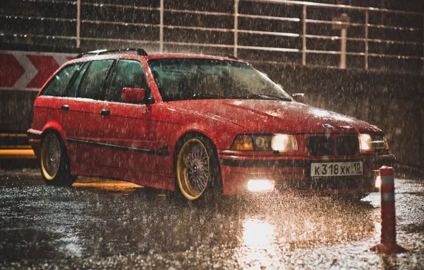 Rain, BMW, red, BBS, e36, Touring