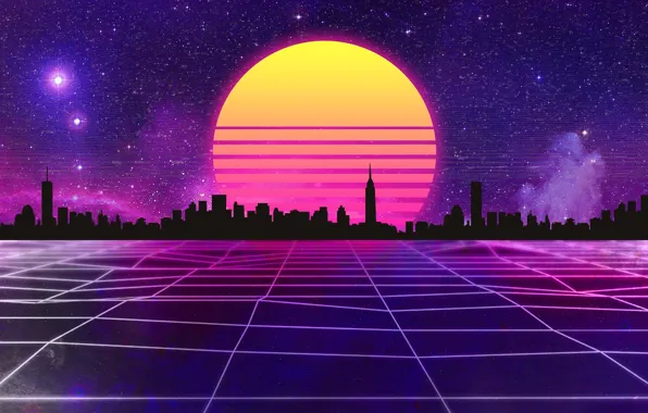 Picture The sun, Music, The city, Stars, Space, Background, 80s, Neon