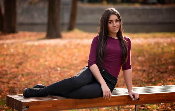 Autumn, leaves, girl, the sun, trees, pose, Park, portrait