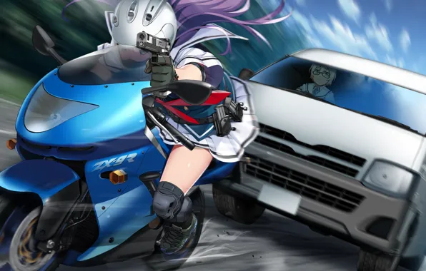 Machine, girl, gun, speed, motorcycle, Grisaia: Phantom Trigger