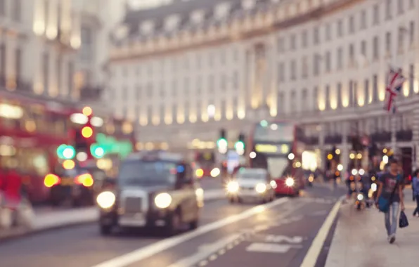 Picture lights, twilight, street, people, taxi, dusk, London, England