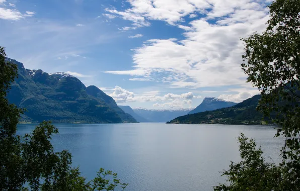 The sky, clouds, mountains, lake, Norway, Norway, Sogjnefjord, Lustrafjord