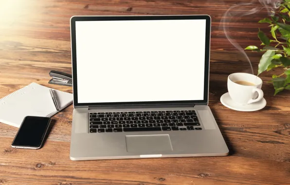 Coffee, technique, handle, Notepad, phone, laptop