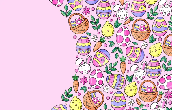 Chickens, eggs, vector, texture, Easter, rabbits, pink background, eggs