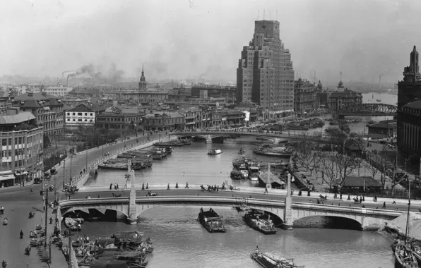 Retro, river, old, Shanghai, promenade, 1930s