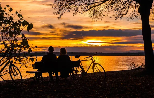 Picture sunset, bike, river, woman, the evening, male, two, bench
