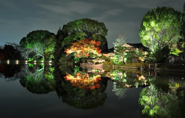 Picture autumn, trees, house, reflection, river, boat, Japan