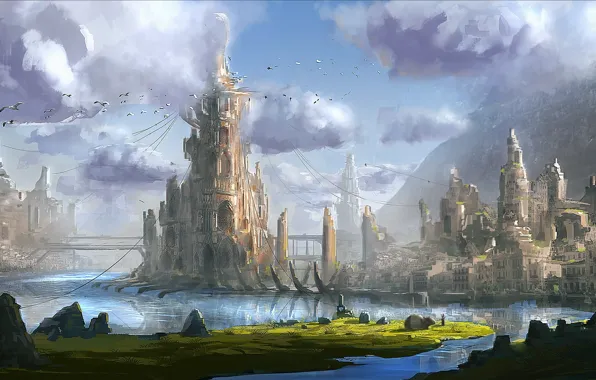 Picture water, mountains, bridge, the city, tower, art, fantasy world