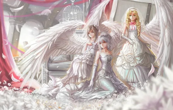 Flowers, girls, chamomile, cell, feathers, angels, art, three