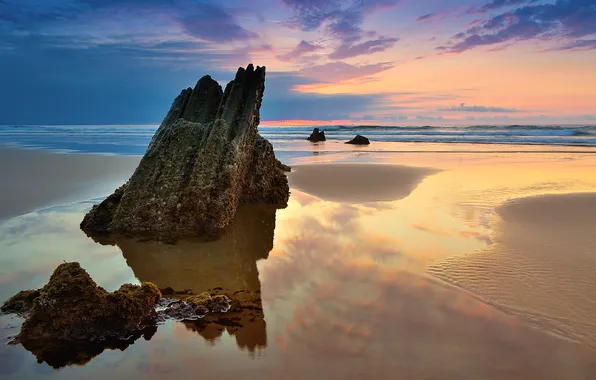 Sea, beach, rock, paint, stone, sunset