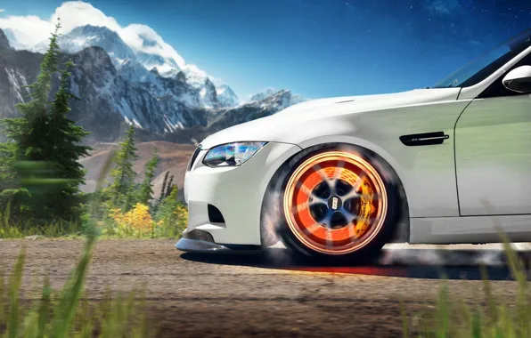 Picture white, mountains, BMW, BMW, white, front, caliper, 3 Series