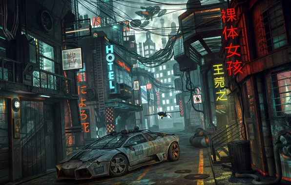 Japan, advertising, lane, car, the world of the future, sci fi, Fantastic art