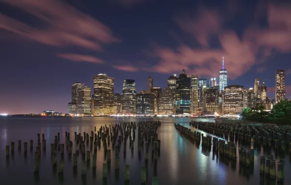 Water, night, the city, lights, the evening, excerpt, USA, New York