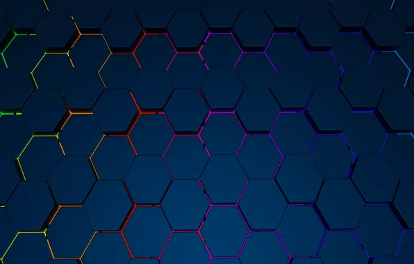 Black, glow, hexagons, hexagon, abstraction, digital art, digital art, honeycomb