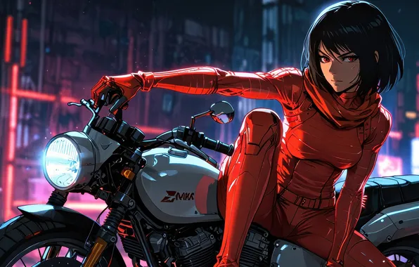 Picture motorcycle, cyberpunk, warrior, mikasa, ackerman