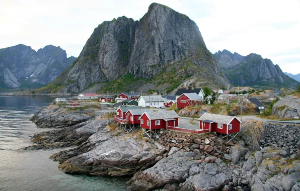 The sky, stones, rocks, mountain, home, Norway, Bay, Moskenes
