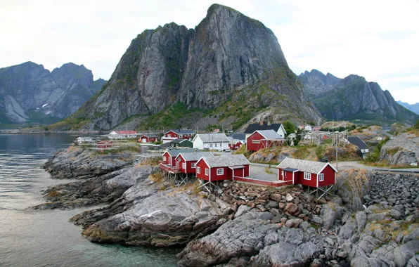 Picture the sky, stones, rocks, mountain, home, Norway, Bay, Moskenes