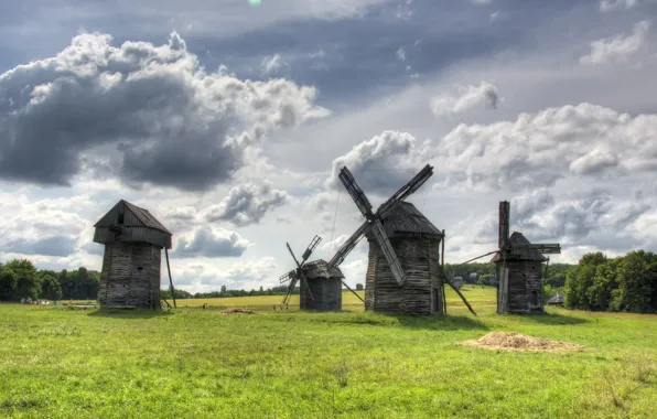 Greens, field, the sky, clouds, green, Mill, sky, field