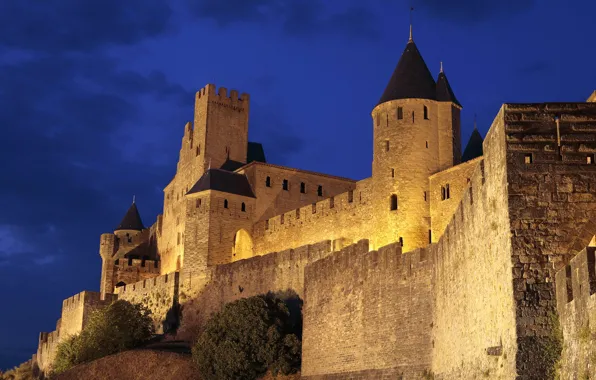 The sky, night, castle, wall, tower, hill, fortress, France