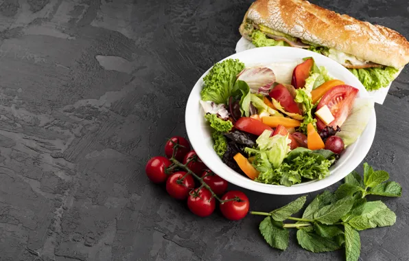 Plate, bread, pepper, vegetables, tomatoes, sandwich, salad, ham