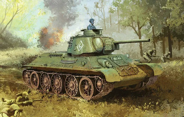 Tank, Soviet, average, T-34-76, thirty-four, Domestic, sample, war.