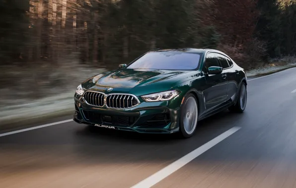 Trees, speed, BMW, highway, Gran Coupe, 2022, ALPINA B8