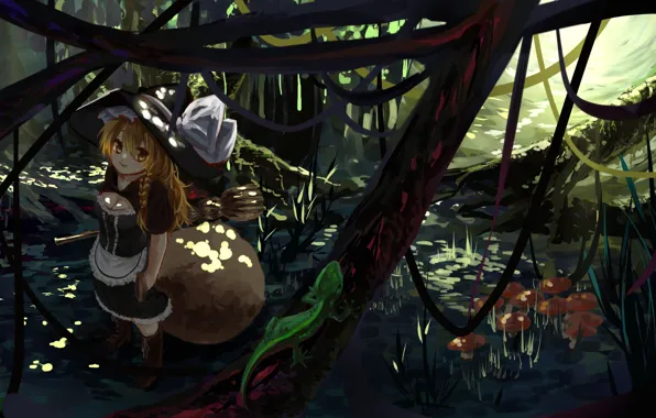 Forest, lizard, Amanita, corset, broom, touhou, art, pigtail