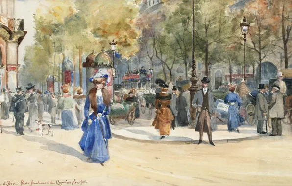 Girl, trees, the city, street, France, people, lights, watercolor