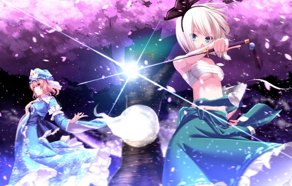 Weapons, girls, tree, katana, anime, Sakura, art, Ghost