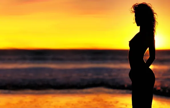 Picture sea, beach, chest, girl, the sun, sunset, silhouette