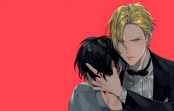 Blood, guys, red background, wound, Banana Fish