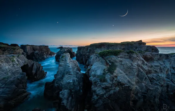 The sky, landscape, night, nature, stones, rocks, stars, a month