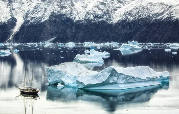 Picture Boat, sailing, icebergs, Greenland