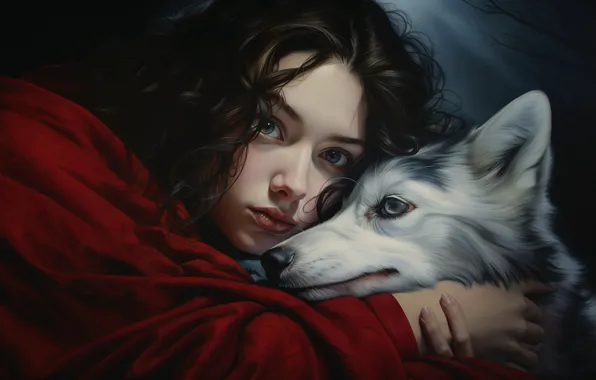 Girl, dog, digital painting, digital art, AI art, neural network, the art of artificial intelligence