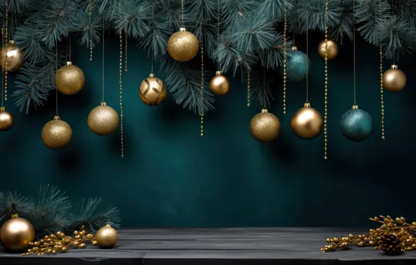 Balls, green, Christmas, New year, green background, gold, side, Christmas decorations