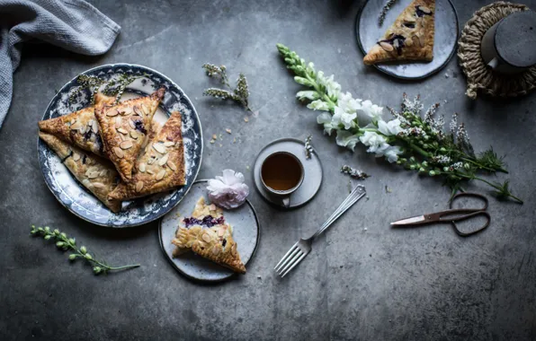 Coffee, blueberry, lavender, pastry, ricotta cheese