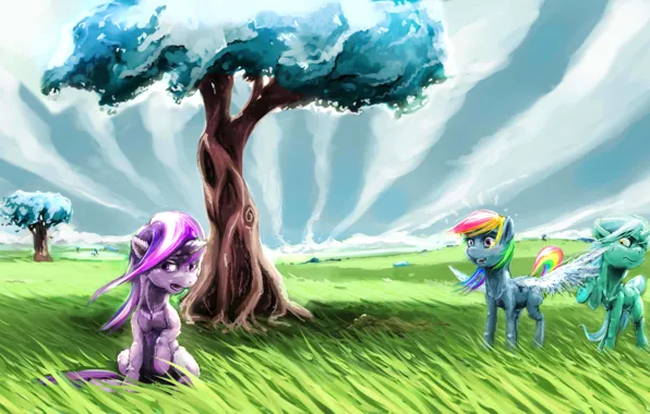 The sky, grass, trees, art, pony, My Little Pony, Rainbow Dash, Twilight Sparkle