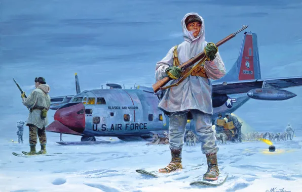 Dogs, snow, the plane, figure, Alaska, Mort Kunstler, the Eskimos, guardians of the North