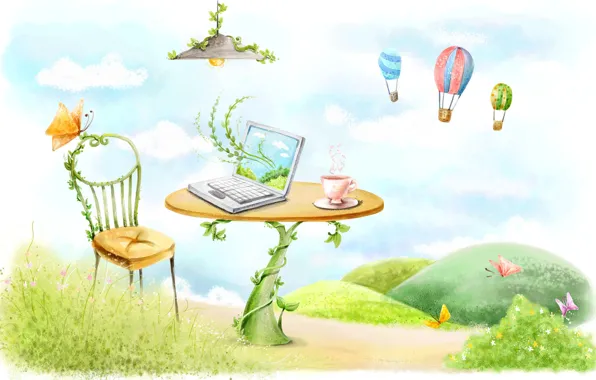 Butterfly, balloons, table, figure, lamp, chair, mug, laptop