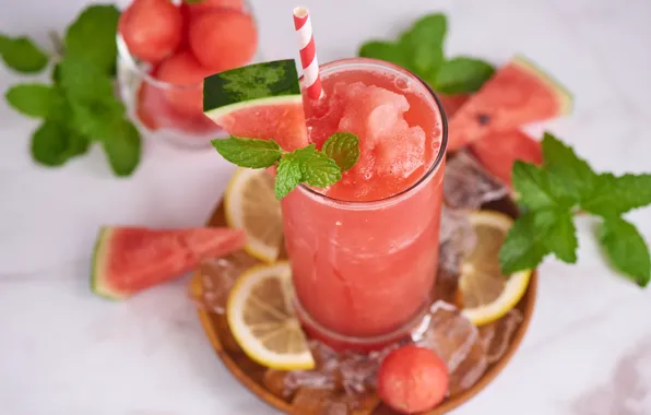 Glass, lemon, watermelon, mint, smoothies