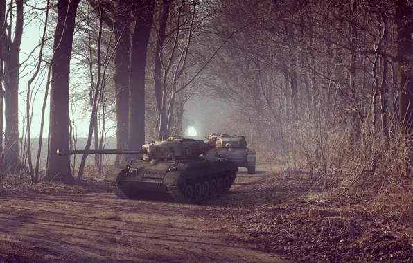 Picture road, trees, alley, tanks, military equipment, medium tank, T32