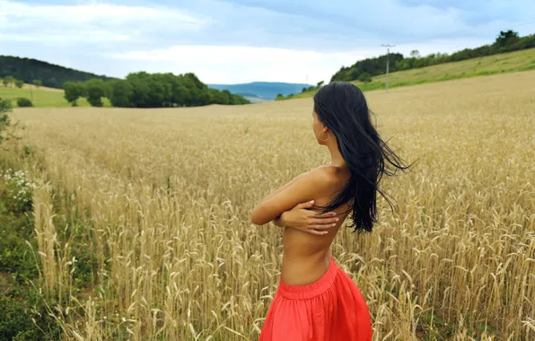 Field, girl, skirt, dal, brunette, meadow, spaces, including wheat