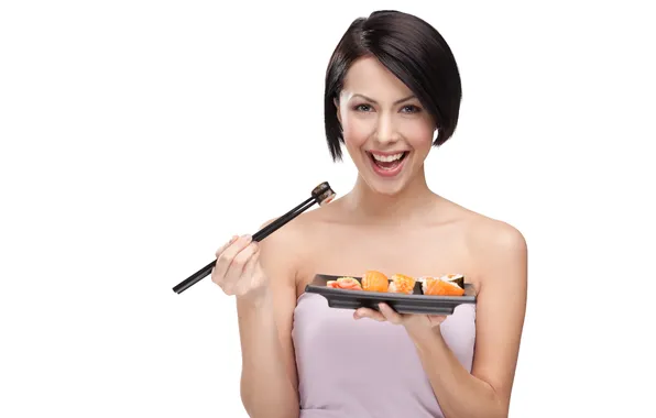 Girl, joy, sticks, brown hair, sushi, rolls, brown-eyed