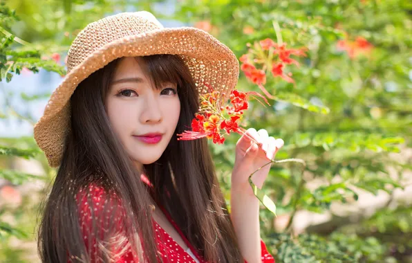 Girl, flowers, hat, Asian, cutie, bokeh