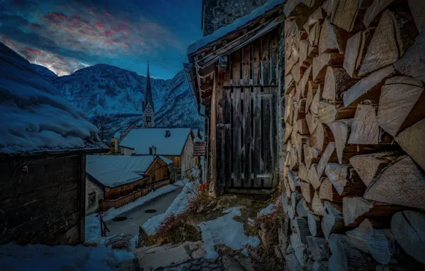 Winter, snow, mountains, lake, dawn, tower, morning, Austria